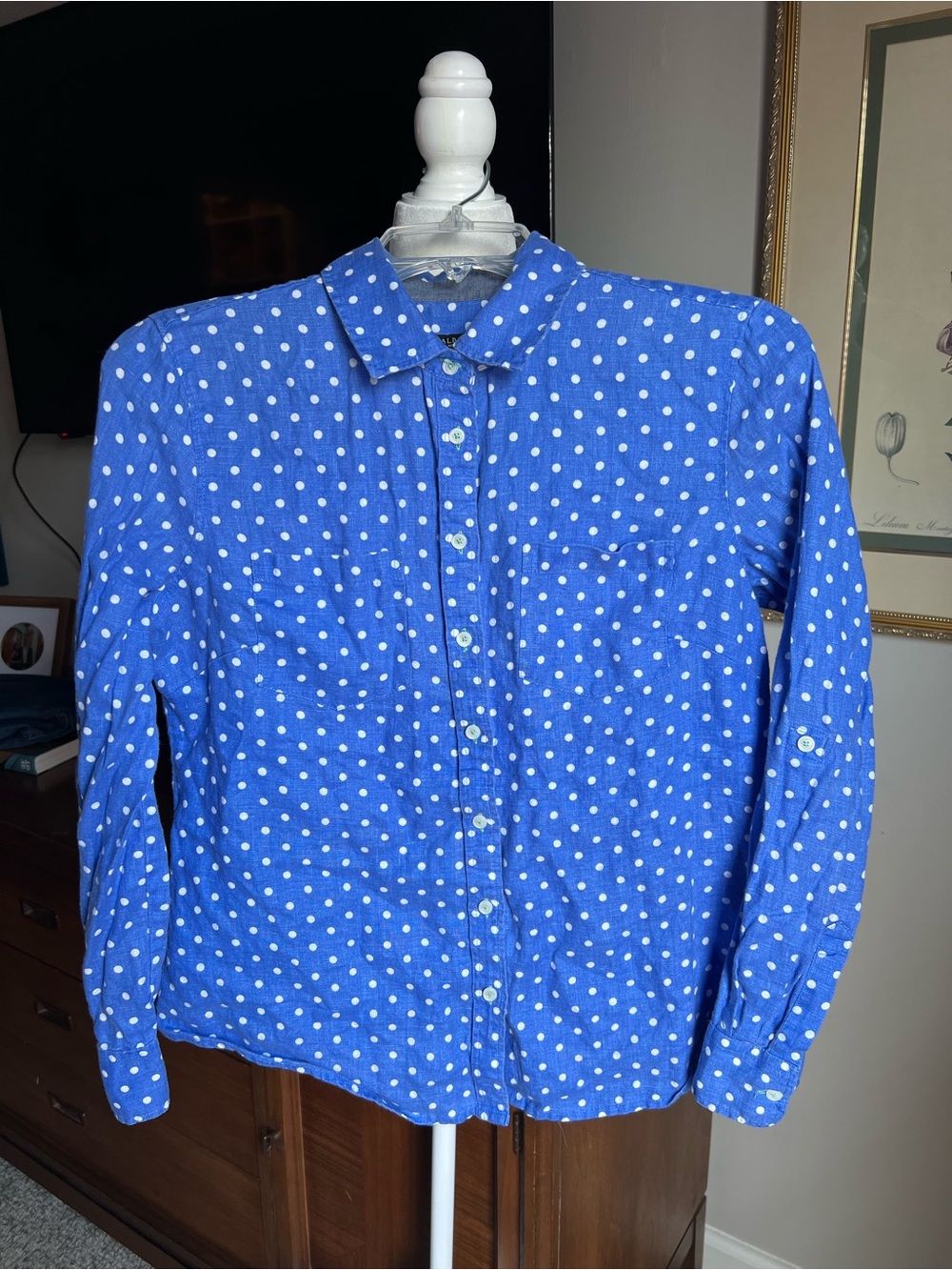 Talbots Blue with White Polka Dot Button-Down Shirt